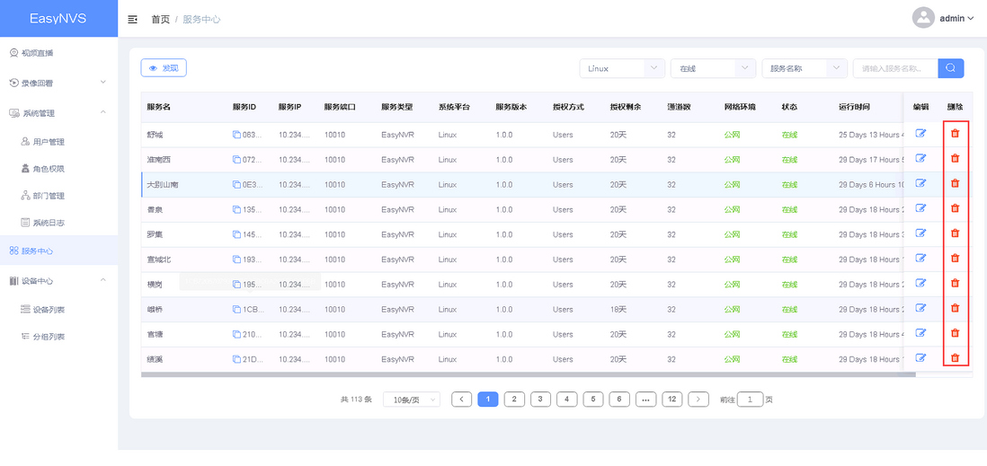 安防摄像机监控网页无插件视频直播综合管理平台EasyNVS如何对服务设备信息进行修改