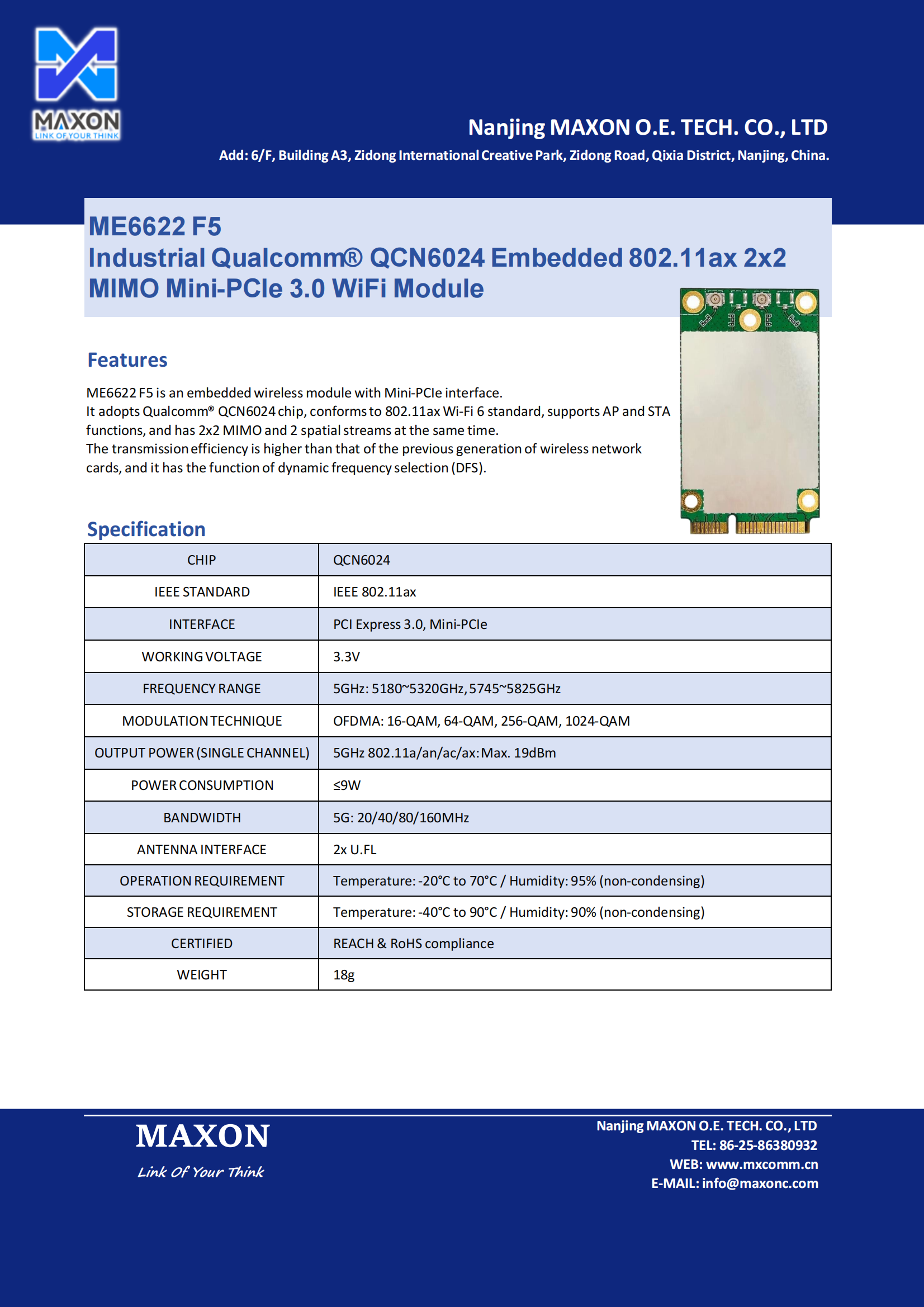 Maxon 802.11ax Qualcomm QCN6024 2x2 Embedded Mini-PCIe 3.0 Industrial Wireless Module ME6622 F5