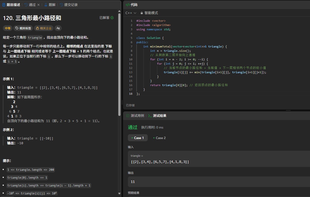 力扣120题终极攻略：动态规划解三角形最小路径和（C++实现）