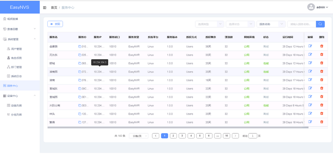 安防摄像机监控网页无插件视频直播综合管理平台EasyNVS如何对服务设备信息进行修改