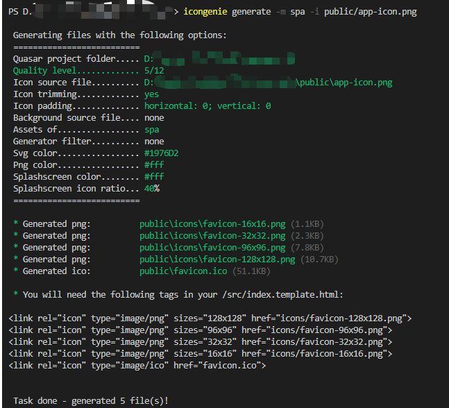 quasar Icon Genie CLI 自动生成图标 安装使用过程